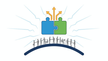 Business concept of mergers and acquisitions represented by two interlocking puzzle pieces, symbolizing partnership and growth, with silhouetted business people shaking hands and working, and arrows