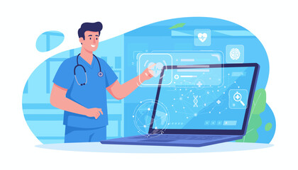 A smiling doctor in blue scrubs interacts with a futuristic holographic medical interface displaying vital signs, DNA strands, and brain scans, showcasing advancements in digital healthcare