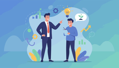 Dynamic illustration of a business mentor guiding an employee, symbolizing motivation, inspiration, and growth with visual cues like charts, gears, and a sprouting plant, set against a gradient blue
