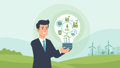Businessman holding a light bulb symbolizing net-zero and carbon-neutral concept with renewable energy sources like wind turbines and solar panels, alongside icons of factories, recycling, and the