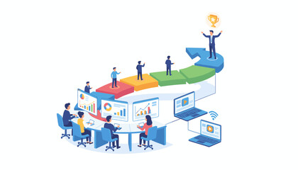 Modern flat illustration concept of success, reaching goals, and business growth, depicted by a team collaborating around charts and a progress arrow leading to a triumphant businessman holding a
