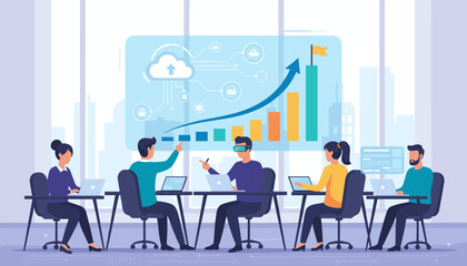 Modern flat illustration concept of success, reaching goals, and business growth, featuring a diverse team collaborating in a contemporary office setting with data visualization and cloud technology