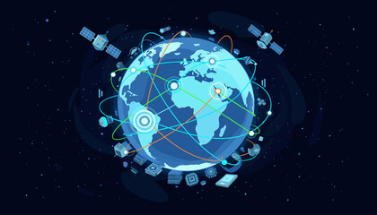 Global network and data exchange concept, illustrating interconnectedness through satellites and digital communication lines orbiting the Earth, symbolizing business and technology in a vast digital