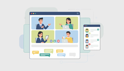 Modern flat illustration of a group video call interface with four participants engaged in online discussion, chat bubbles, and a separate contact list, representing remote collaboration and digital