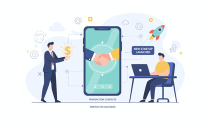 Digital handshake on a smartphone screen signifies a successful online transaction completion, symbolizing innovation and new startup launch with a rocket taking off, business growth, and financial