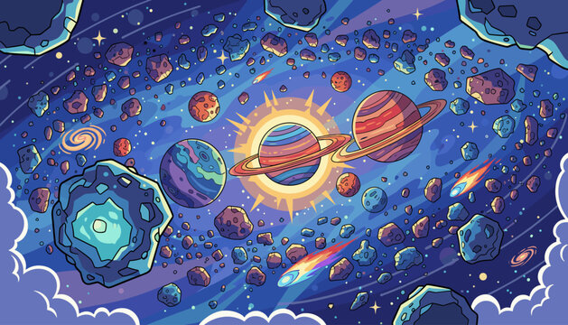 Vibrant and colorful illustration of a deep space scene filled with planets, asteroids, and a swirling galaxy, featuring a bright sun and a streaking comet, evoking a sense of cosmic wonder and