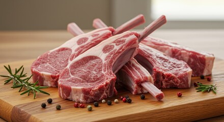 Raw lamb rib chops arranged on a wooden board with rosemary sprig, peppercorns, and a blurred background. Shows uncooked meat