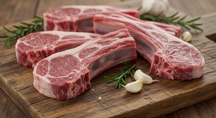 Raw, fresh lamb chops with rosemary sprigs and garlic cloves, presented on a rustic wooden cutting board