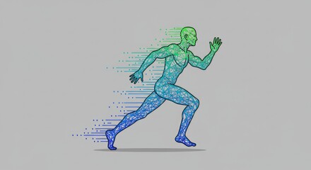 Fototapeta premium A digital rendering of a sprinting human figure, constructed from lines and dots, showcasing a gradient color effect