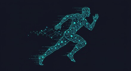 A digital runner sprints forward, rendered with connected points and lines, leaving a trail against a dark background