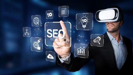 A business professional uses virtual reality to explore innovative SEO concepts in a modern office setting, highlighting the intersection of technology and marketing. Raster