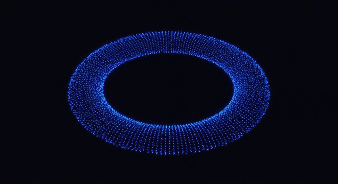 A glowing, ethereal blue torus floats against a stark black background, composed of countless illuminated points
