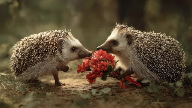 Two hedgehogs present a vibrant bouquet of red flowers to each other in a natural setting. The hedgehogs' playful interaction and the bright flowers create a charming and warm scen