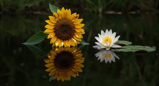 Serene water scene with sunflowers and water lily reflecting in the pond surrounded by lush greenery