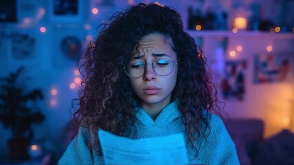 Young woman with curly hair and glasses sits in a blue-lit room, reading a paper and looking worried, with string lights in the background. - Powered by Adobe