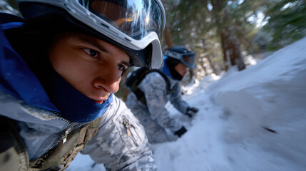 A serious soldier in a snowy forest, intensely focused and quietly observing surroundings, perfectly capturing the themes of discipline, strength, and adventure in a military context.