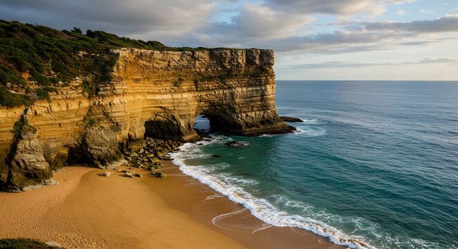 A serene coastal scene featuring a sandy beach and rocky cliffs with natural arch formations near the shoreline under a cloudy sky