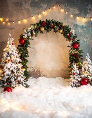 christmas photography backdrop and background with arch and trees 