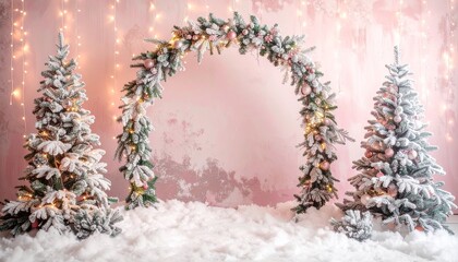 photography background backdrop with arch and snow for winter christmas pastel pink 