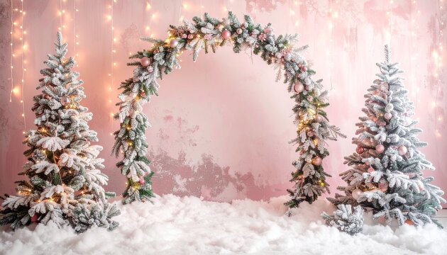 photography background backdrop with arch and snow for winter christmas pastel pink  - Powered by Adobe
