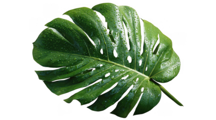 Large green monstera leaf with water droplets isolated on transparent background