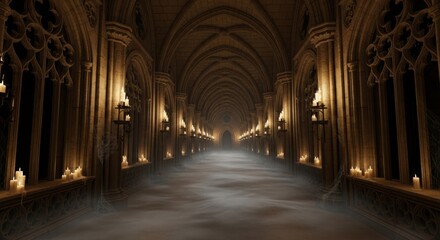 Obraz premium Mysterious gothic hallway with candles and fog