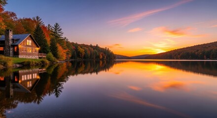 Obraz premium Sunset over serene lake with cabin and autumn foliage