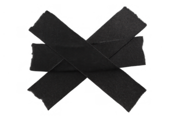 Black adhesive tape cross creating censorship or silence symbol with ripped edges, transparent background