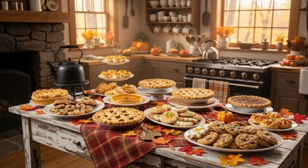 Thanksgiving desserts on a rustic kitchen table