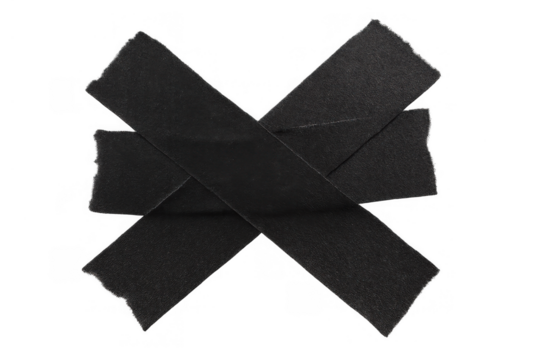 Black adhesive tape cross creating censorship or silence symbol with ripped edges, transparent background