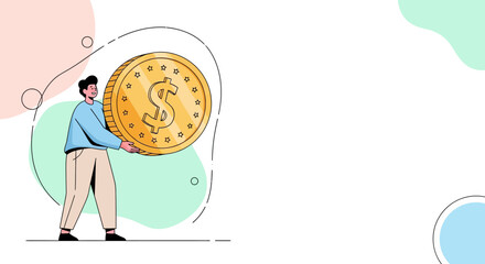 Man holding giant gold dollar coin representing wealth and finance.