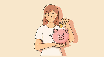 Woman saving money with piggy bank, financial planning and investment concept.