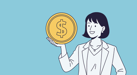 Woman Holding Large Coin Symbolizing Financial Success and Investment.