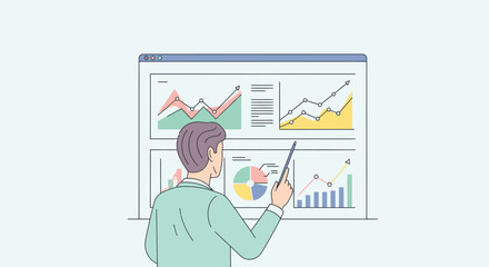Man Presenting Financial Data on Screen with Charts and Graphs.
