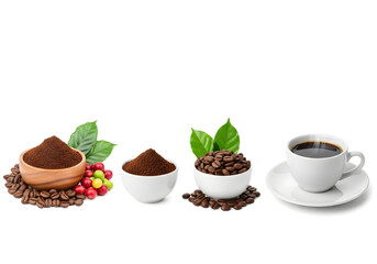 Coffee beans and powder with cup Coffee cup with beans and powder representing caffeine and morning beverage theme