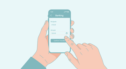 Hands holding a smartphone with a banking application interface.