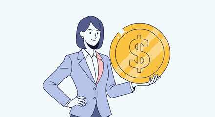 Confident Businesswoman Holding Large Golden Dollar Coin.