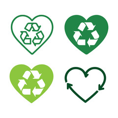 Eco recycling heart icons for sustainability and environmental conservation concepts