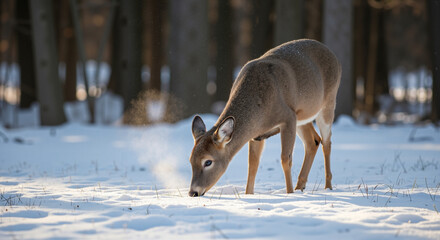 Fototapeta premium Deer feeding in snow in a forest during winter season 