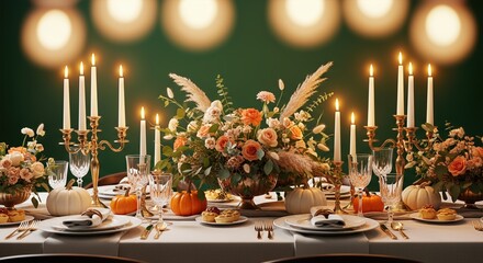 Festive table set with pumpkins, flowers and candles for a gathering. A glamorous and inviting scene. Autumn celebration, elegant decor, Thanksgiving dinner.