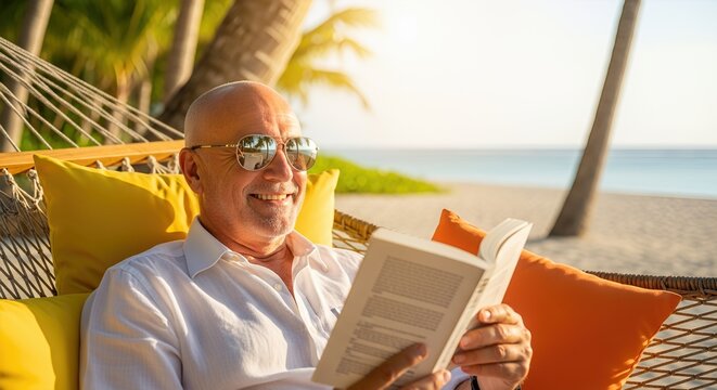 Man reads in hammock on beach under palms. Close up lifestyle shot with a feeling of peace. Relaxing vacation, leisure time, tranquility.
