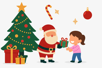 Santa Giving a Gift to a Happy Girl – Flat Cartoon Christmas Illustration