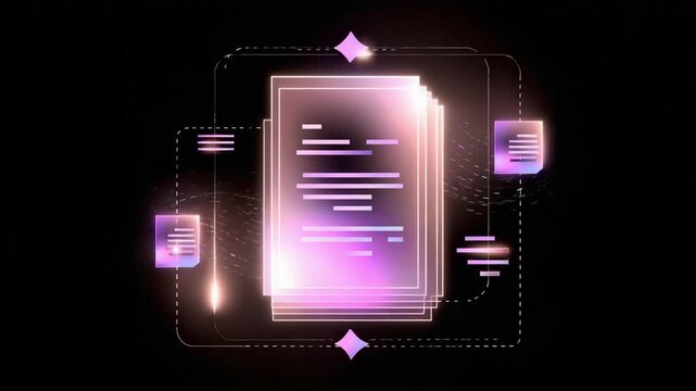 A stack of glowing pink-purple documents in a neon futuristic interface, with floating data icons around a dark background.
