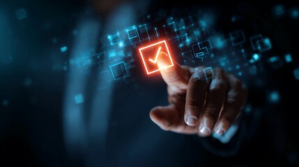 Hand touching a glowing check mark icon on a digital interface representing confirmation selection and task completion