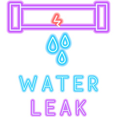 Leaking Pipe Neon Label. Illustration of Bright Plumber Object in Glowing Style with Typography. Led Lamp Water Drip Icon over Transparent Background. 