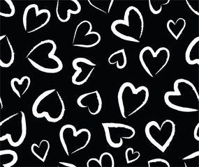 Hand drawn black and white heart seamless pattern. Seamless vector cute romantic whitehearts background print. Template Valentine's day holiday backdrop texture, , grunge, romantic, wedding, design