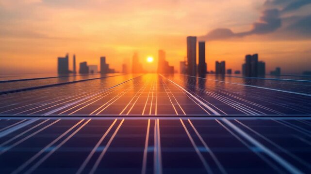A stunning futuristic sunset paints colors over solar panels urban setting, illustrating the harmony of nature and technology in a forwardthinking city while emphasizing sustainable energy solutions