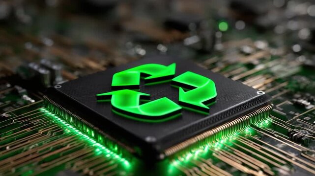 A microprocessor on a motherboard featuring a green recycling symbol on its surface and green edge lighting.