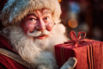 Cheerful Santa Claus, with a fluffy white beard, presents a red gift, surrounded by festive decorations, radiating holiday joy and warmth