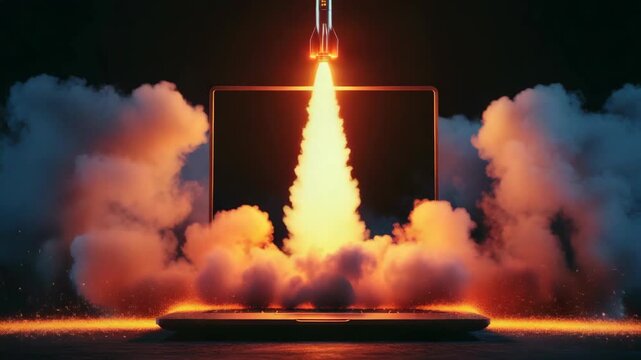 In a vibrant cyberspace, a talented female scientist showcases her skills confidently launching a rocket from her laptop, highlighting her achievements in aerospace technology and innovative computing